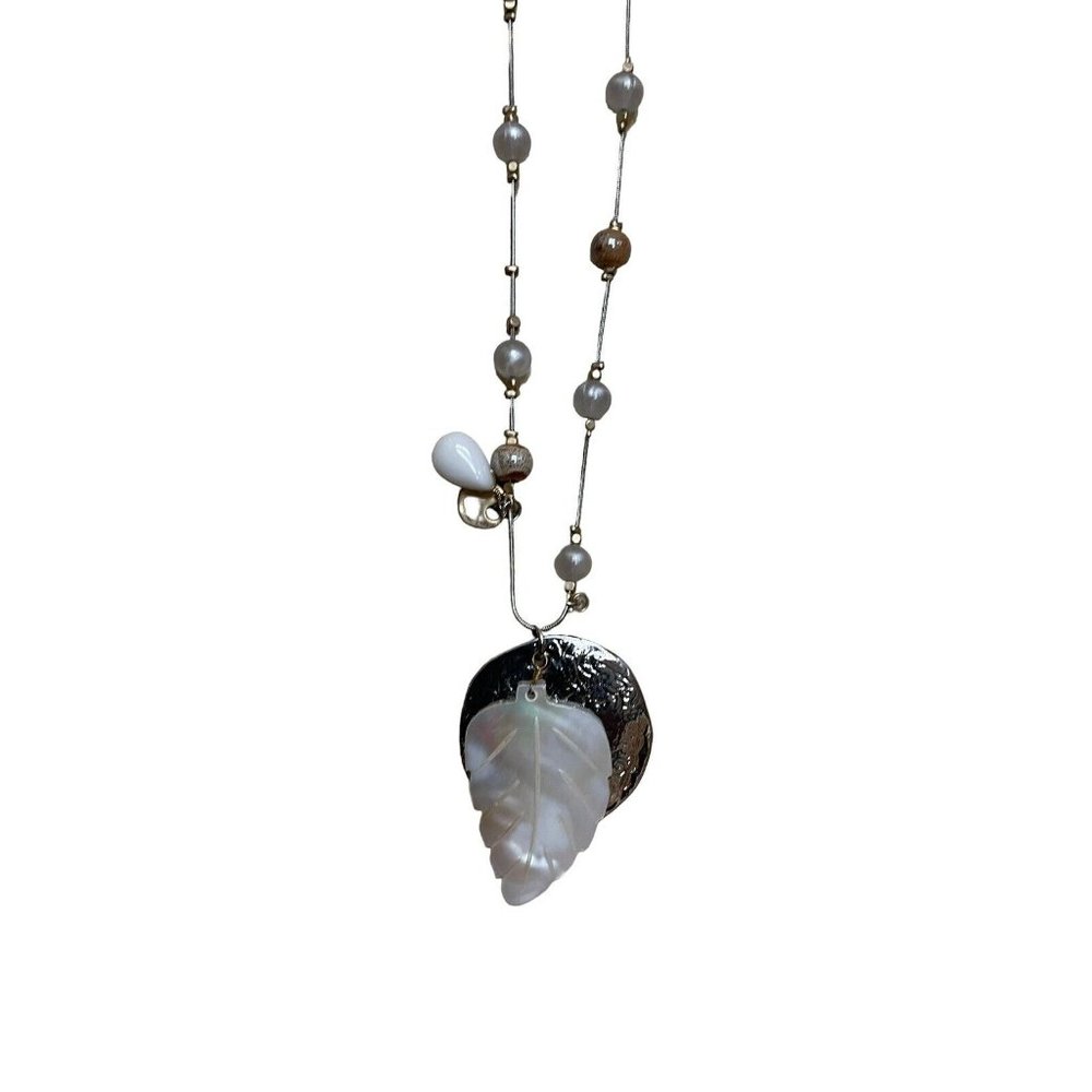 Chico's Necklace Leaf Glass Beads Silver Tone Transparent beads Faux Pears 19"